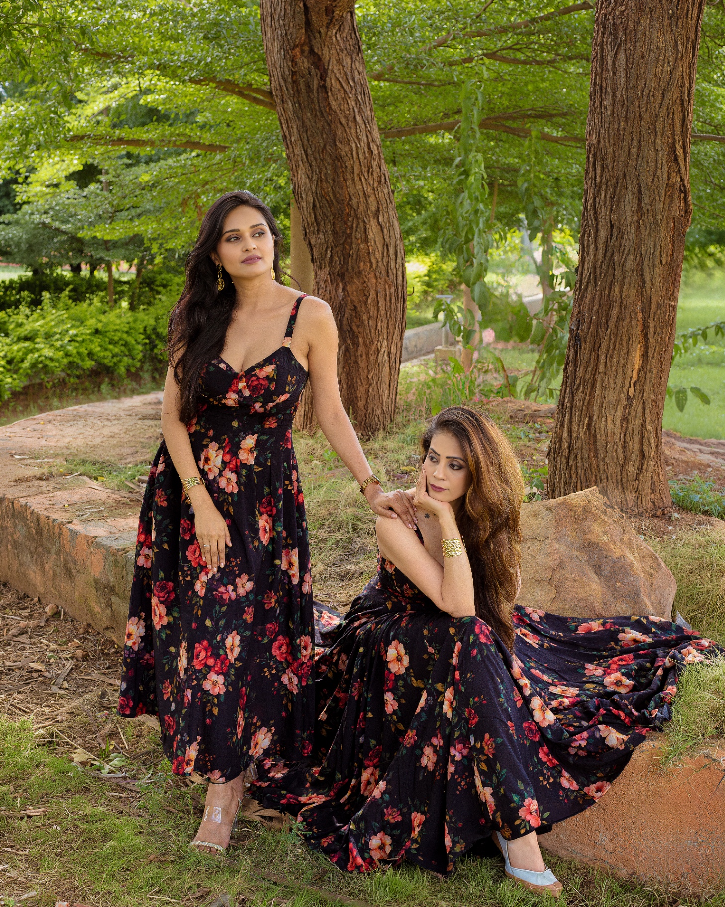 Midnight Bloom Column — fitted midi in black floral silk